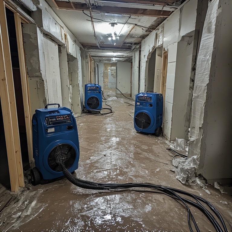 Structural drying equipment set up in a water-damaged room